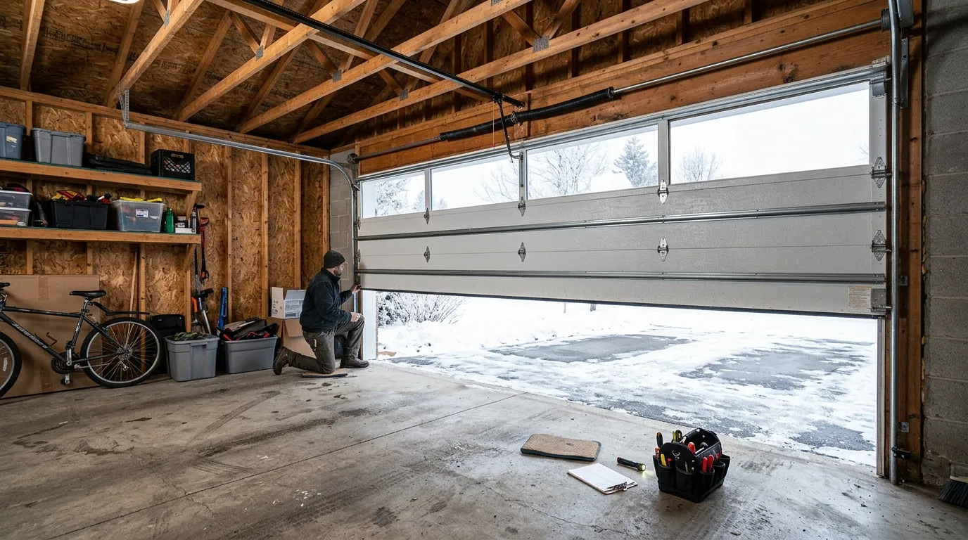 Garage door detail illustrating why garage door springs snap in skokie's cold winters