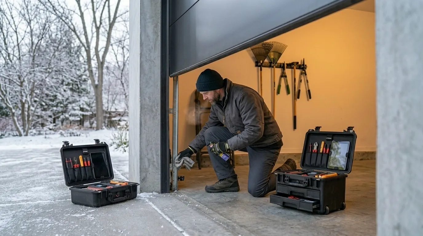 Garage door technician inspecting springs rollers tracks and opener in Skokie Illinois