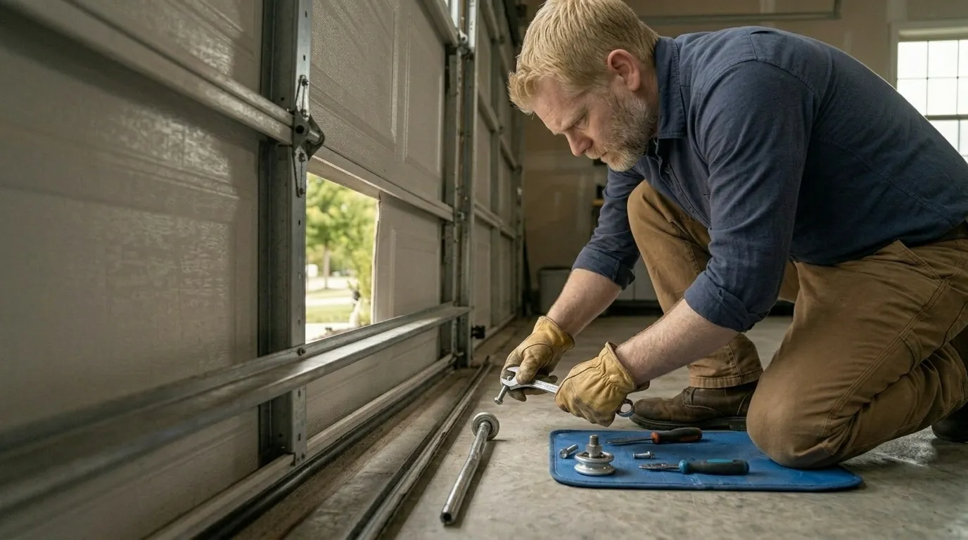 Garage door technician repairing an older residential garage door in Skokie Illinois